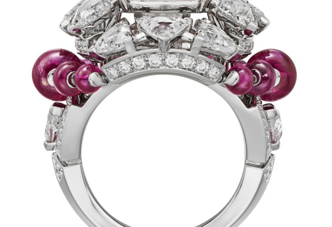 The tiered construction of the Phaan ring allows a 4.01-carat diamond to be sat under the central ruby. Photo: Cartier