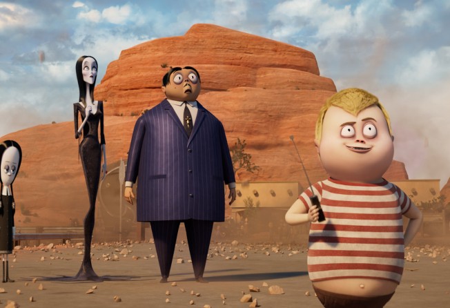 (From left) Wednesday Addams (voiced by Chloë Grace Moretz), Morticia Addams (Charlize Theron), Gomez Addams (Oscar Isaac) and Pugsley Addams (Javon Walton) in a still from The Addams Family 2. Photo: Metro Goldwyn Mayer Pictures