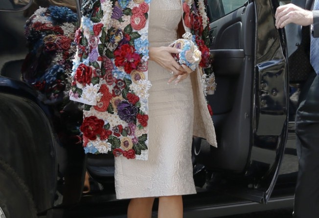 US first lady Melania Trump at Chierici Palace, in 2017, as part of a visit of the G7 first ladies in Catania, Italy. Trump’s first outing in the Sicilian sunshine was in a colourful floral appliqué jacket by Dolce & Gabbana that comes off the rack at US$51,000. Photo: AP Photo
