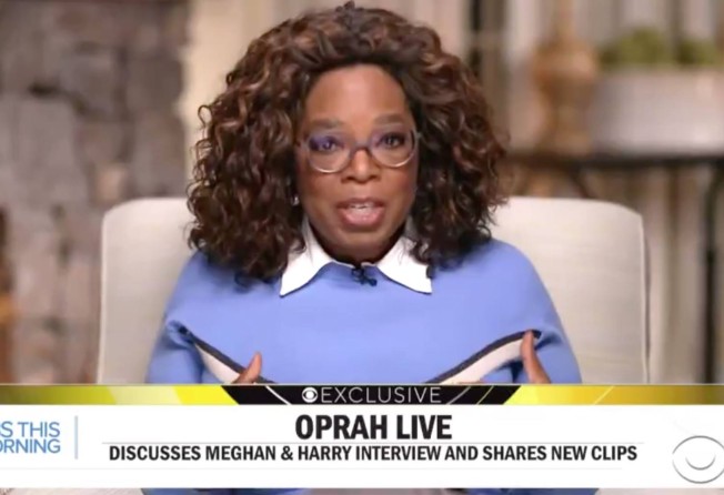 Meghan and Oprah Winfrey are clearly in each other’s confidence, and the talk show host is happy to publicly defend her fellow American. Photo: CBS
