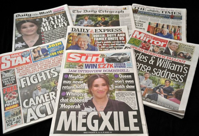 UK daily newspapers photographed on March 8, showing front page headlines on Meghan Markle and Prince Harry’s Oprah Winfrey interview, which aired on US broadcaster CBS. Photo: AFP 