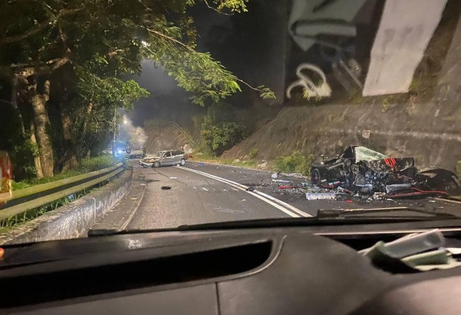 A traffic accident that involved three cars and one motorcycle on Bride’s Pool Road in Tai Po on October 31, 2021. Photo: Facebook