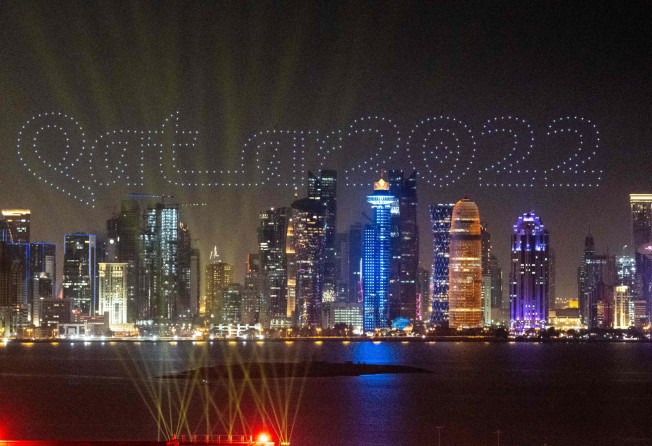 Drones fly over Doha as Qatar celebrates one year before the 2022 World Cup. Photo: AFP