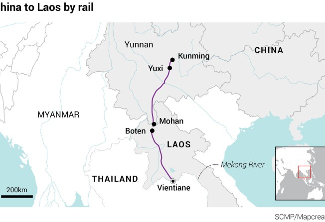 A map of the new China-Laos railway, emphasising the three sections in which it was built. Image: SCMP