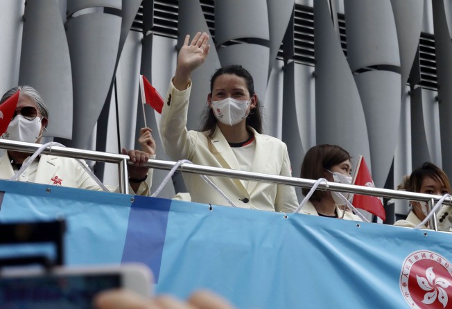 Swimmer Siobhán Haughey waves to fans during parade for the Hong Kong’s Tokyo 2020 athletes. Photo: Jonathan Wong