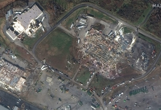 Mayfield Consumer Products candle factory in the Kentucky town of Mayfield collapsed with dozens of people inside. Photo: 2021 Maxar Technologies via AP
