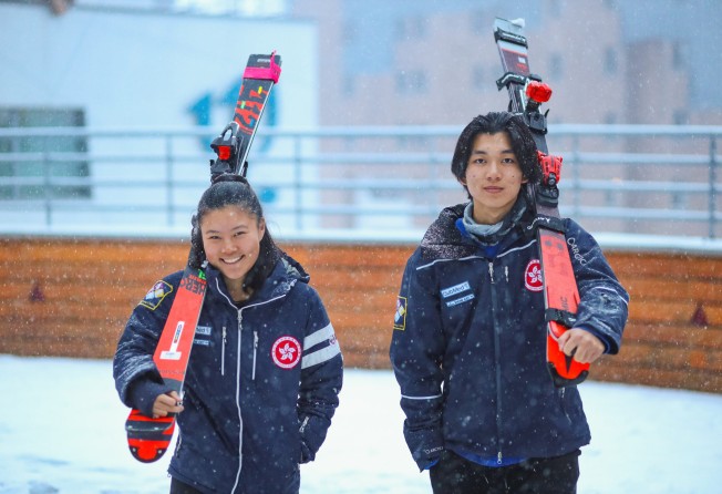 Adrian Yung (right) and another Hong Kong representative Audrey King. Photo: Skiing Association of Hong Kong