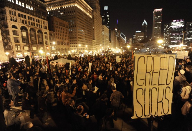 Protesters gather in Chicago, US, on October 22, 2011, as part of the widespread Occupy movement against social and economic inequality. Photo: AP