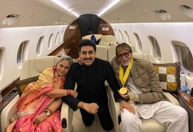 Jaya Bachchan, son Abhishek Bachchan, and patriarch Amitabh Bachchan on the family’s private jet. Photo: @bachchan/Instagram