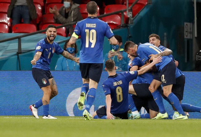 Italy celebrate Federico Chiesa’s goal during the Uefa Euro 2020 Championships. Photo: Xinhua