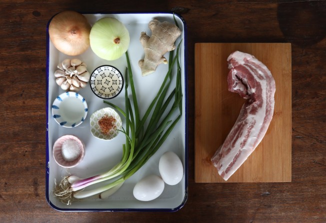 Ingredients for butadon (rice with pork belly and onions). Photo: Jonathan Wong
