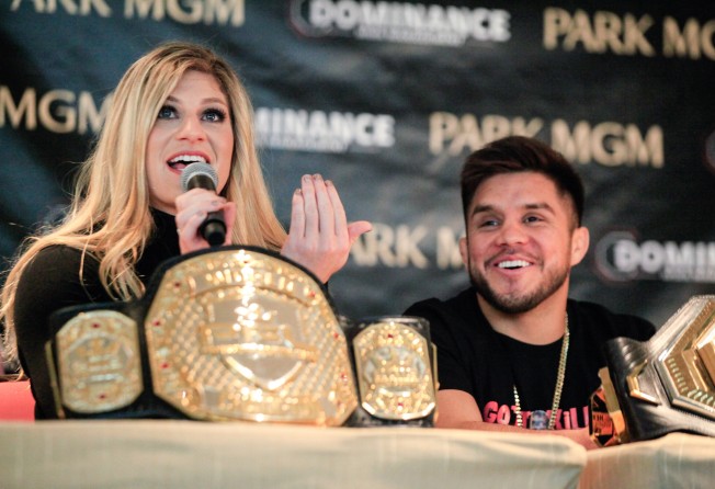 Olympic gold medallist and PFL star Kayla Harrison at a press conference with management label-mate and UFC double champion Henry Cejudo. Photo: Amy Kaplan
