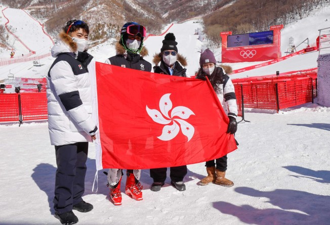 (From left) Hong Kong Winter Olympians Sidney Chu, Adrian Yung Hau-tsuen, chef de mission Karl Kwok Chi-leung and Audrey King at the Beijing Winter Olympic Games at the Yanqing National Alpine Skiing Centre. Photo: HKSF&OC