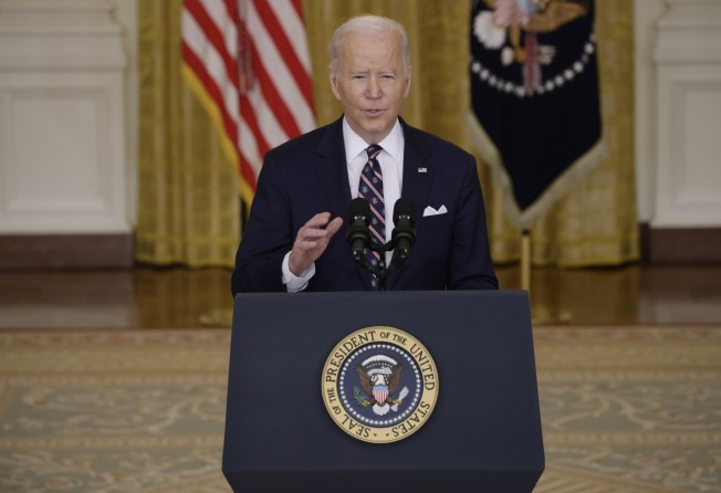 US President Joe Biden speaks about the Russian invasion of eastern Ukraine from the White House on Tuesday. Photo: Bloomberg