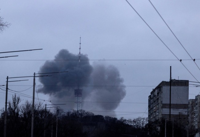 Smoke rises after a blast in a TV tower, amid Russia’s invasion of Ukraine, in Kyiv, Ukraine on Tuesday March 1, 2022. Photo: Reuters