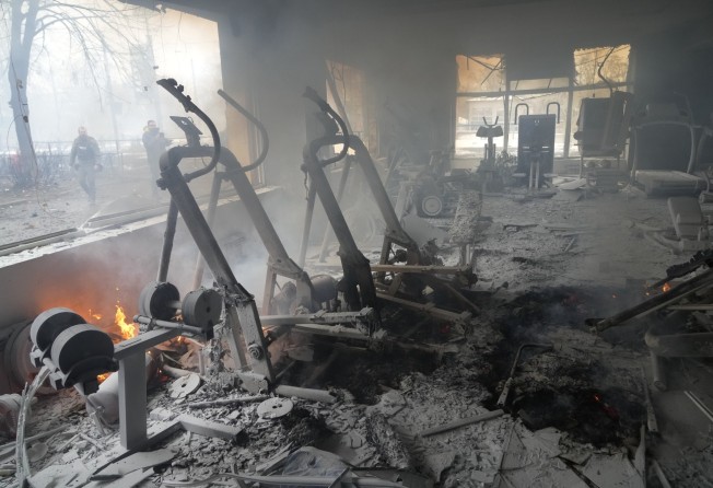 Inside a damaged gym following shelling in Kyiv, Ukraine, on Wednesday. Photo: AP