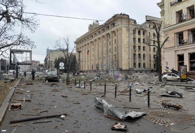 The damaged local city hall of Kharkiv, destroyed as a result of Russian shelling. Photo: AFP