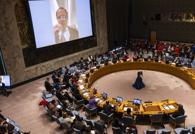 The UN Security Council listens to a report by Rafael Mariano Grossi, the head the International Atomic Energy Agency, on screen, during a meeting called by Britain after Russia’s overnight attack overnight on a Ukrainian nuclear power plant. Photo: EPA-EFE