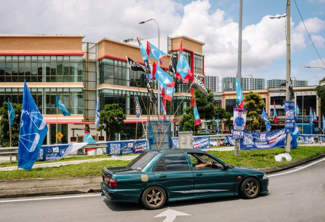 Election campaign flags and banners near Larkin Sentral bus terminal in Johor, Malaysia. Photo: Bloomberg