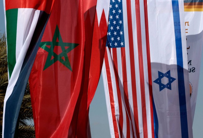Flags ahead of Israel’s Negev Summit that will be attended by US Secretary of State Antony Blinken, Israels Foreign Minister Yair Lapid and their Egyptian, Bahraini, Emirati and Moroccan counterparts. Photo: AFP