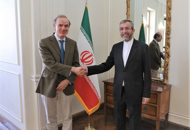 Enrique Mora, an EU diplomat, left, with Iran’s top nuclear negotiator Ali Bagheri Kani, in Tehran on Sunday. They held talks amid hopes an agreement to restore Iran’s tattered nuclear deal with world powers could be completed. Photo: Iranian Foreign Ministry via AP