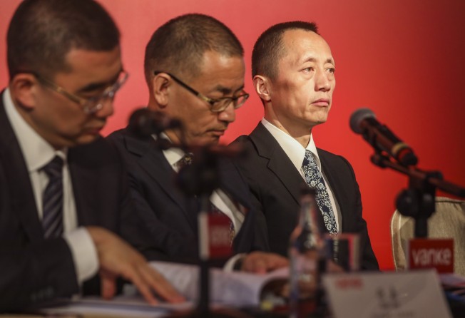 China Vanke’s Chairman Yu Liang (right), Chief Operating Officer Chang Xu (centre) and Chief Financial Officer Sun Jia during a press conference at the JW Marriott Hotel in Admiralty on 26 March 2019. Photo: Xiaomei Chen