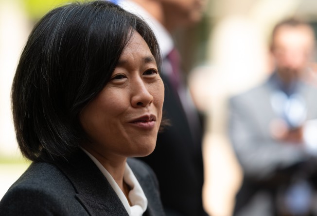 Katherine Tai, the US trade representative, speaks on the sidelines of the spring meetings of the International Monetary Fund and World Bank Group in Washington on Thursday. Photo: Bloomberg