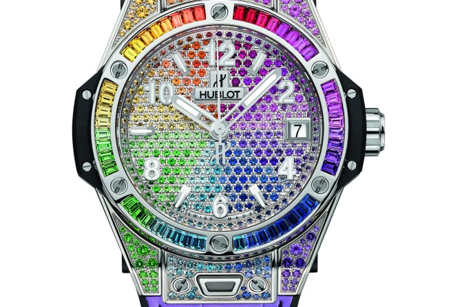 The 39mm Hublot One Click Steel Rainbow is a go-to covered in stones in all colours of the rainbow – rubies, pink sapphires, amethysts, blue sapphires, blue topazes, tsavorites, yellow sapphires and orange sapphires. Photo: Hublot