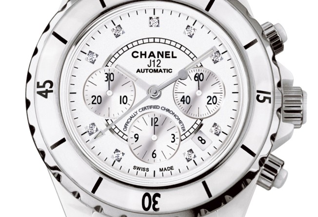 The Chanel J12 Automatic Chronograph in white, in highly resistant ceramic and steel with diamond indicators. Photo: Chanel