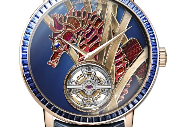 Les Cabinotiers Sea Horse is a 18-carat 5N pink gold creation using four métiers d’art techniques: hand-engraving, hand-guillochage, hand-enamelling and gem-setting to highlight the seahorse parading around the tourbillon.