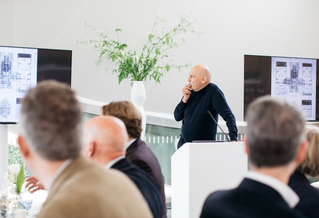 Architect Rem Koolhaas describes the concepts behind the new Taipei Performing Arts Centre during the international launch event in London on May 13, 2022. Photo: Billy Barraclough