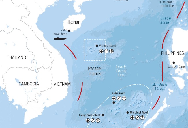 Map of major military facilities inside the Chinese-claimed parts of the South China Sea. Graphic: SCMP