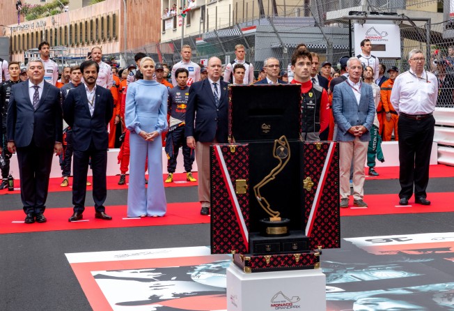 The Louis Vuitton case on display at the pre-race ceremony of the 2022 Monaco Grand Prix.