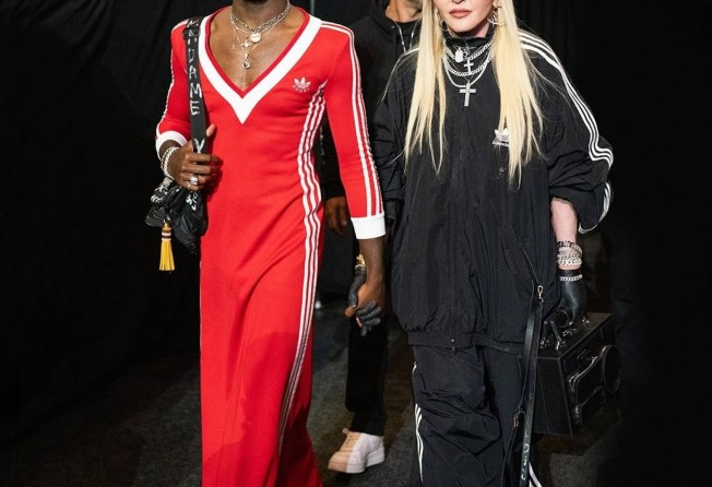David Banda (left) sporting the archival original Adidas x Gucci dress his mother Madonna (right) wore in 1993. Photo: @gucci/Instagram