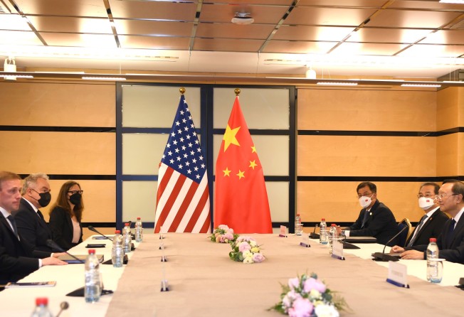 US National Security Adviser Jake Sullivan (left) and Chinese diplomat Yang Jiechi (right) meet in Luxembourg on Monday. Photo: Xinhua