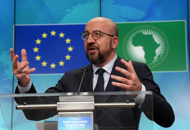 European Council President Charles Michel answers questions at a news conference on the second day of the European Union-African Union Summit in Brussels on February 18. Photo: AFP