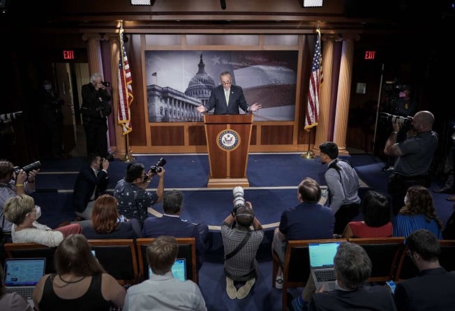 Senate Majority Leader Chuck Schumer (D-NY) speaks to reporters during a news conference at the US Capitol July 28, 2022 in Washington, DC. Photo: AFP