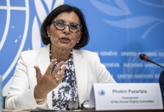 Photini Pazartzis, chairperson of the UN Human Rights Committee, speaks at a press conference at the European headquarters of the United Nations in Geneva on July 27. Photo: AP