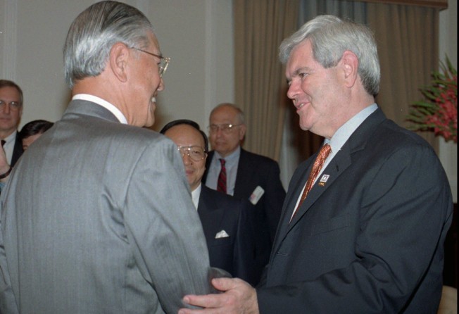 Then House speaker Newt Gingrich (right) speaks with Taiwanese president Lee Teng-hui in Taipei on April 2, 1997. At the time, Beijing grumbled but swallowed its irritation when Gingrich visited Taiwan. Photo: AP