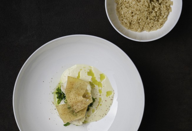 Sam Low’s dish of blue cod with ginger and spring onion, served with daikon braised in dashi, sea lettuce, soy milk emulsion, and grains cooked in oolong tea and dashi. Photo: MasterChef