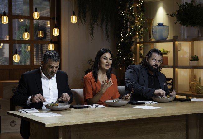 Judges Michael Dearth (left), Nadia Lim and Vaughan Mabee during the grand finale mains tasting, on MasterChef New Zealand 2022. Photo: MasterChef