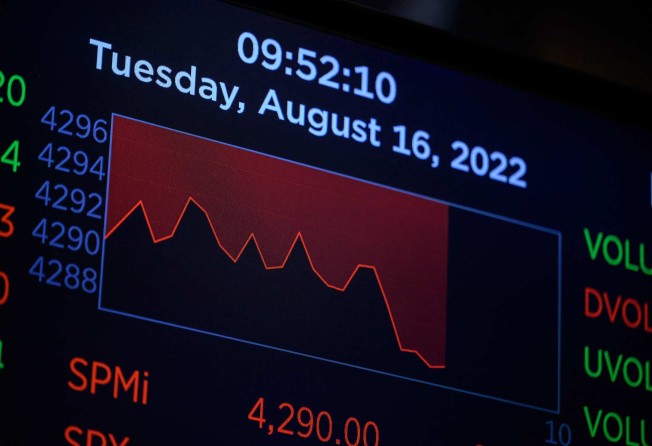 A monitor displays prices at the New York Stock Exchange in New York on August 16. Wall Street stocks were mostly lower following lacklustre housing data and as Walmart results highlighted how inflation is altering consumer behaviour. Photo: AFP