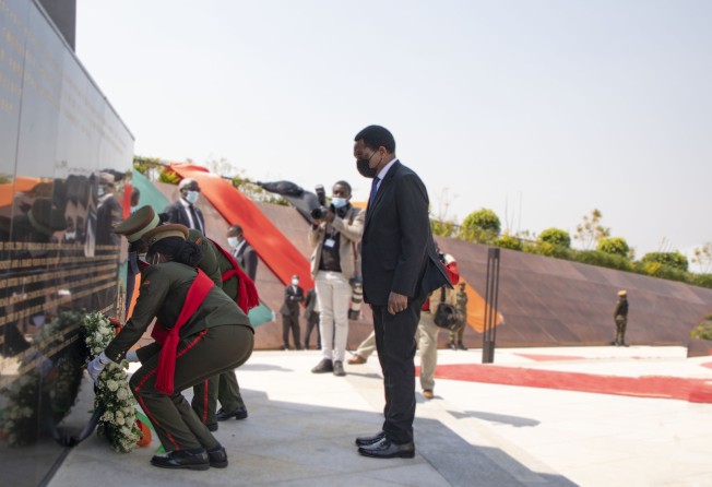 President Hakainde Hichilema has a wreath laid in honour of Chinese nationals who died building the Tanzania Zambia Railway, at the memorial park in Chongwe, near the capital Lusaka. Photo: Handout via Xinhua