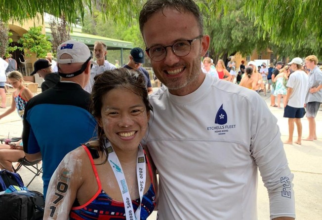 Yung-Hryniewiecki with her husband, Adam Hryniewiecki, after her Rottnest Channel Swim in 2020. Photo: Sam Poulsen