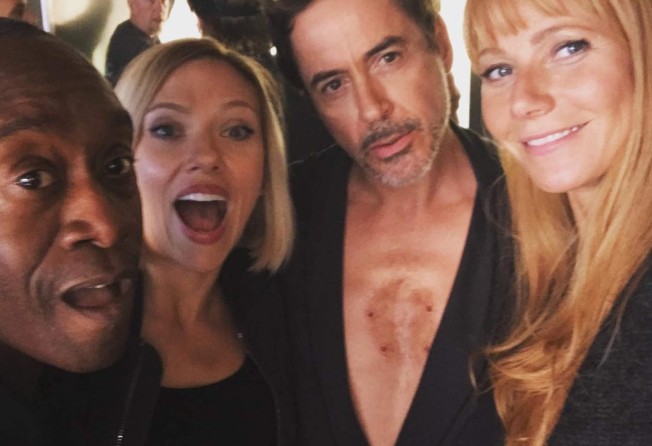 Gwyneth Paltrow with her Marvel colleagues, Robert Downey Jr., Scarlett Johansson and Don Cheadle. Photo: @gwynethpaltrow/Instagram