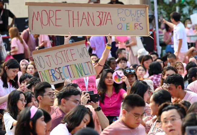 Supporters attend the annual “Pink Dot” event in a public show of support for the LGBT community at Hong Lim Park in Singapore on June 18. Photo: AFP/Getty Images