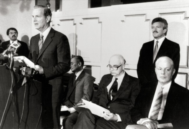 Then US treasury secretary James Baker speaking to reporters at New York’s Plaza Hotel on September 22, 1985, when the governments of France, West Germany, Japan, Britain and the US signed the Plaza Accord to depreciate the US dollar in relation to the Japanese yen and German Deutsche mark. Photo: AP