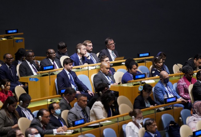 The Russian delegation, top centre, watches as Biden delivers his remarks at the UN General Assembly. Photo: AP