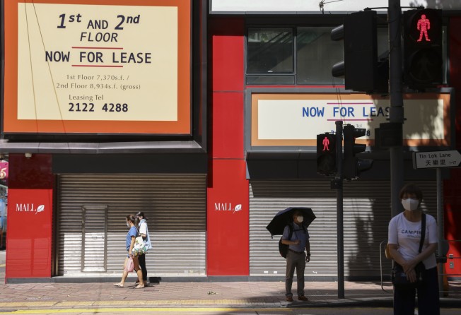 Signs advertising retail spaces are seen in Causeway Bay on August 1, amid dwindling demand. Photo: Nora Tam