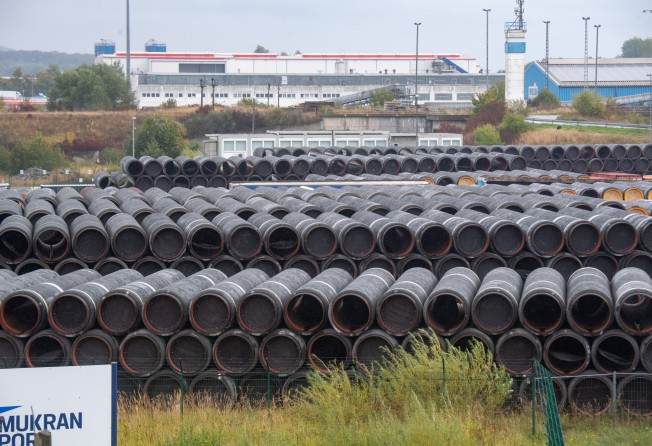 Unused pipes for the Nord Stream 2 Baltic gas pipeline are stored onsite at the Port of Mukran. Photo: dpa